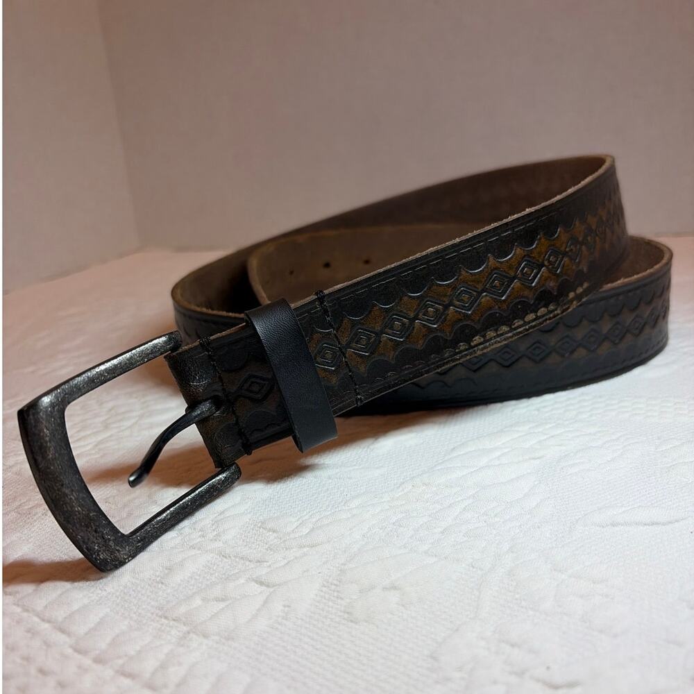 Vintage Wrangler Leather Belt Size 44 Brown Western Tooled Embossed Americana